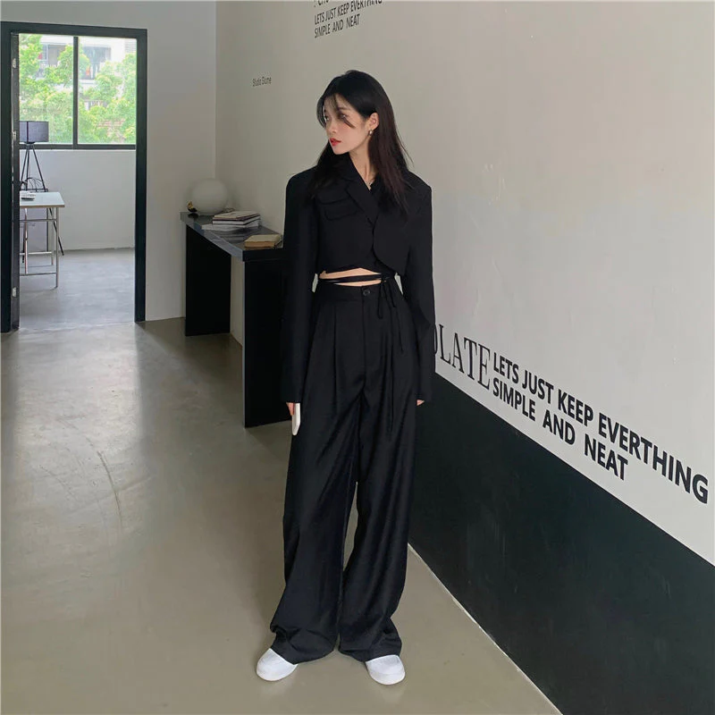 Korean summer Two Piece Set Women Crop Top Sexy Lace-up Blazer Coat + High Waist Pants Suit Sets Streetwear 2 Piece Sets Women - Deanwangkt