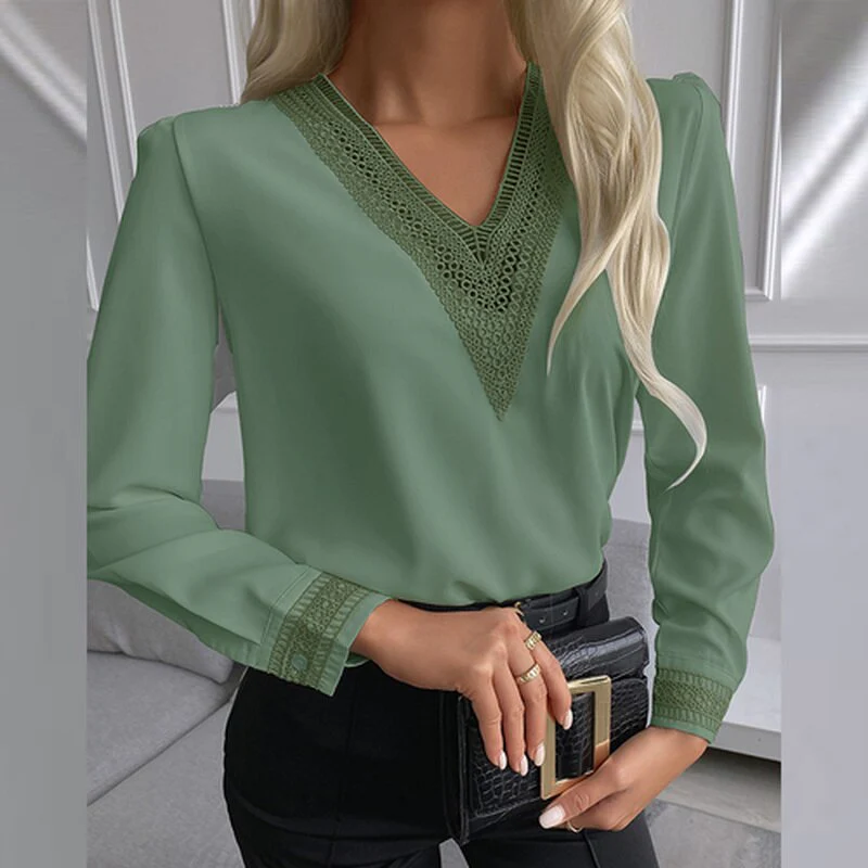 Graduation Gifts   Autumn Lace Crochet Satin Silk Chiffon Shirt Women Long Sleeve Woman Blouses Tops V Neck Solid Embroidery Shirts Blusas 15777 - Deanwangkt