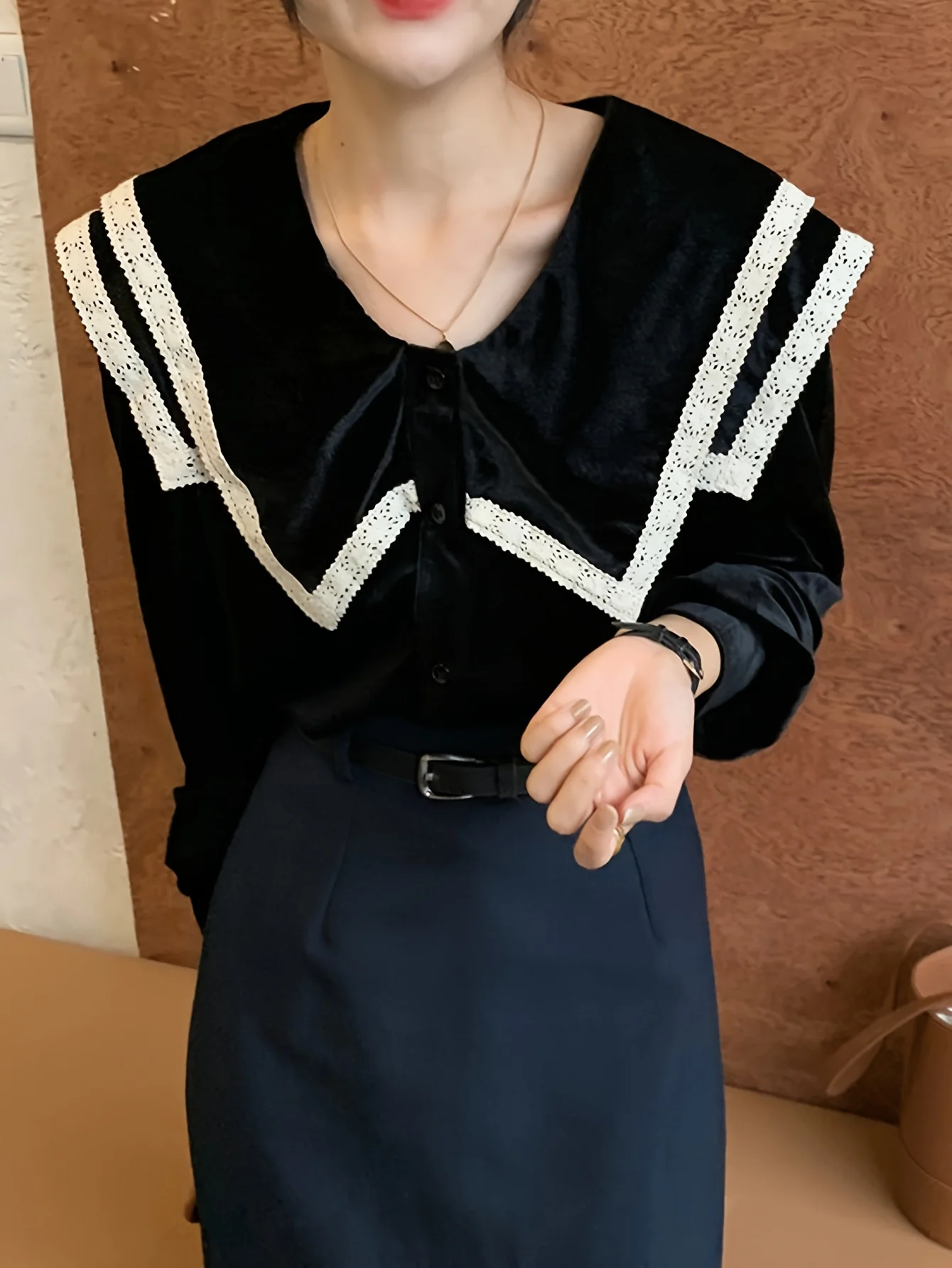 deanwangkt Contrast Lace Button Front Collar Blouse, Casual Long Sleeve Blouse For Spring & Fall, Women's Clothing - Deanwangkt