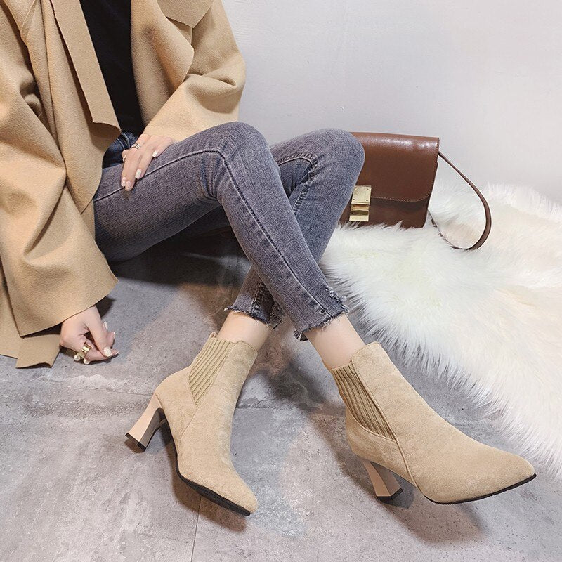 deanwangkt Autumn Winter Women Boots Elastic Ankle Boots Pointed Toe Thick Heel High Heels Shoes Woman Female Plus Fleece Warm Socks Boots - Deanwangkt