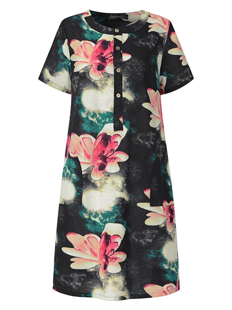 deanwangkt Women Ethnic Style Floral Print Short Sleeve Half Button Front Vintage Dresses - Deanwangkt