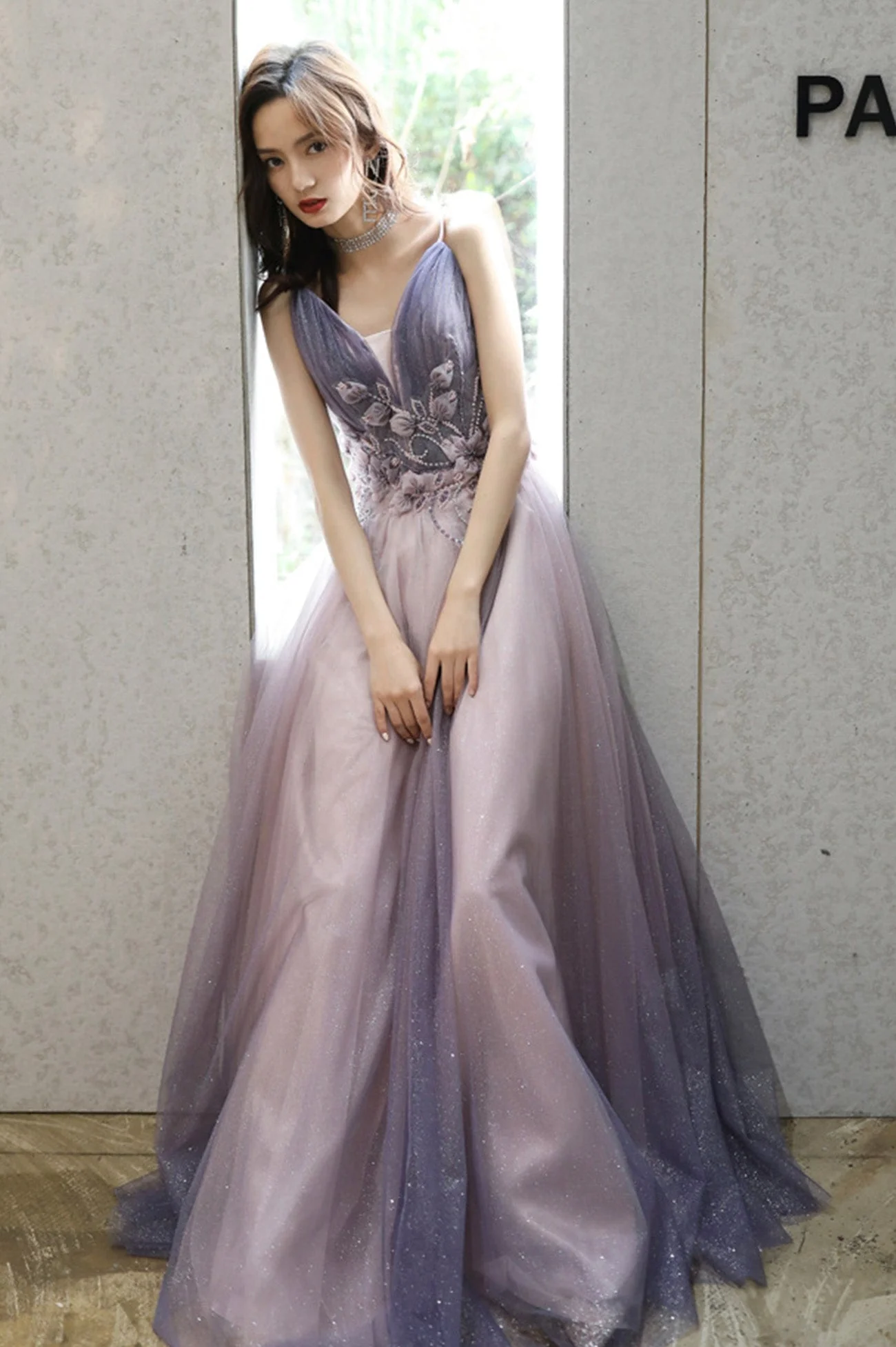 solvbao Purple V-Neck Tulle Long Prom Dresses, A-Line Evening Dresses - Deanwangkt