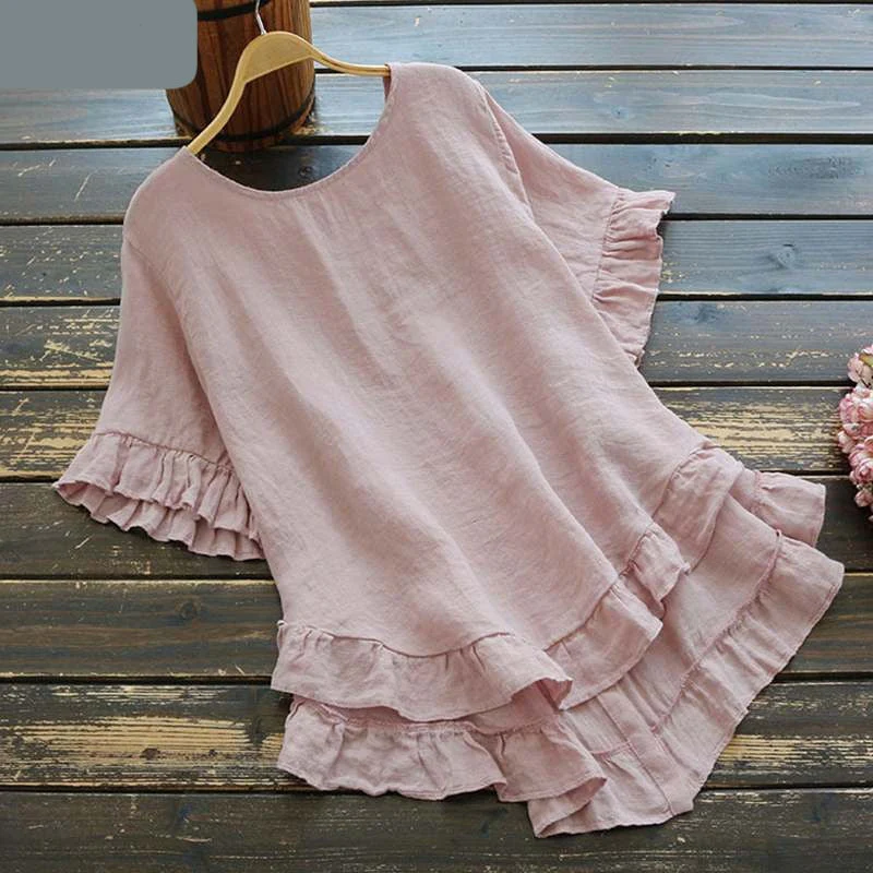 Fashion Ruffle Shirts Women's Cotton Blouse Causal Short Sleeve Solid Female Asymmetrical Tunic  Blusas - Deanwangkt