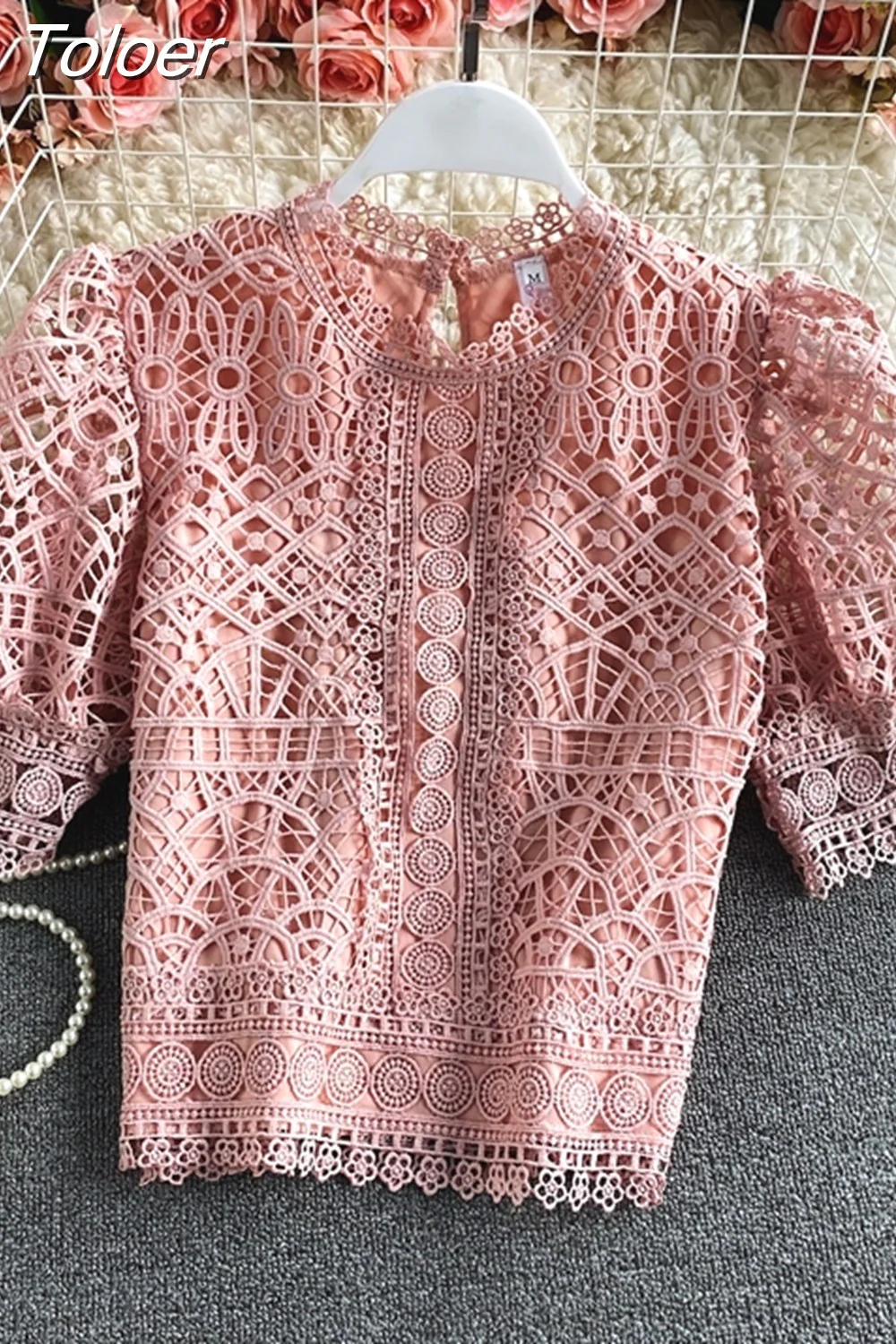 deanwangkt Mujer De Moda  Vintage Puff Sleeve Blouses Hollow Out Crochet Floral Crop Tops Korean Summer Elegant Lace Shirts - Deanwangkt