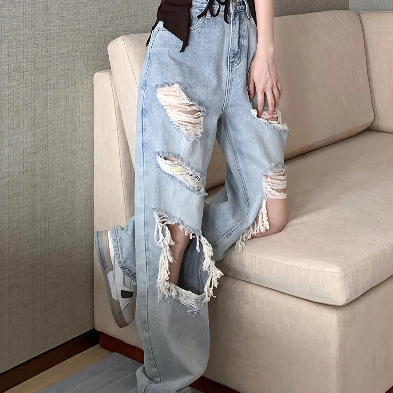 deanwangkt  High Waist Ripped Wide Leg Jeans, Y2k Distressed Washed Straight Leg Denim Pants, Women's Denim Jeans & Clothing - Deanwangkt