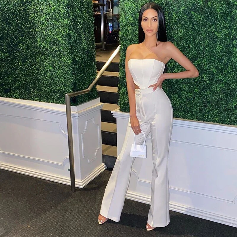 deanwangkt  Boned Corset Crop Top Two Piece Pants Set Women Strapless High Waist Flare Trousers 2 Piece Set Summer Long Suit Tracksuit - Deanwangkt