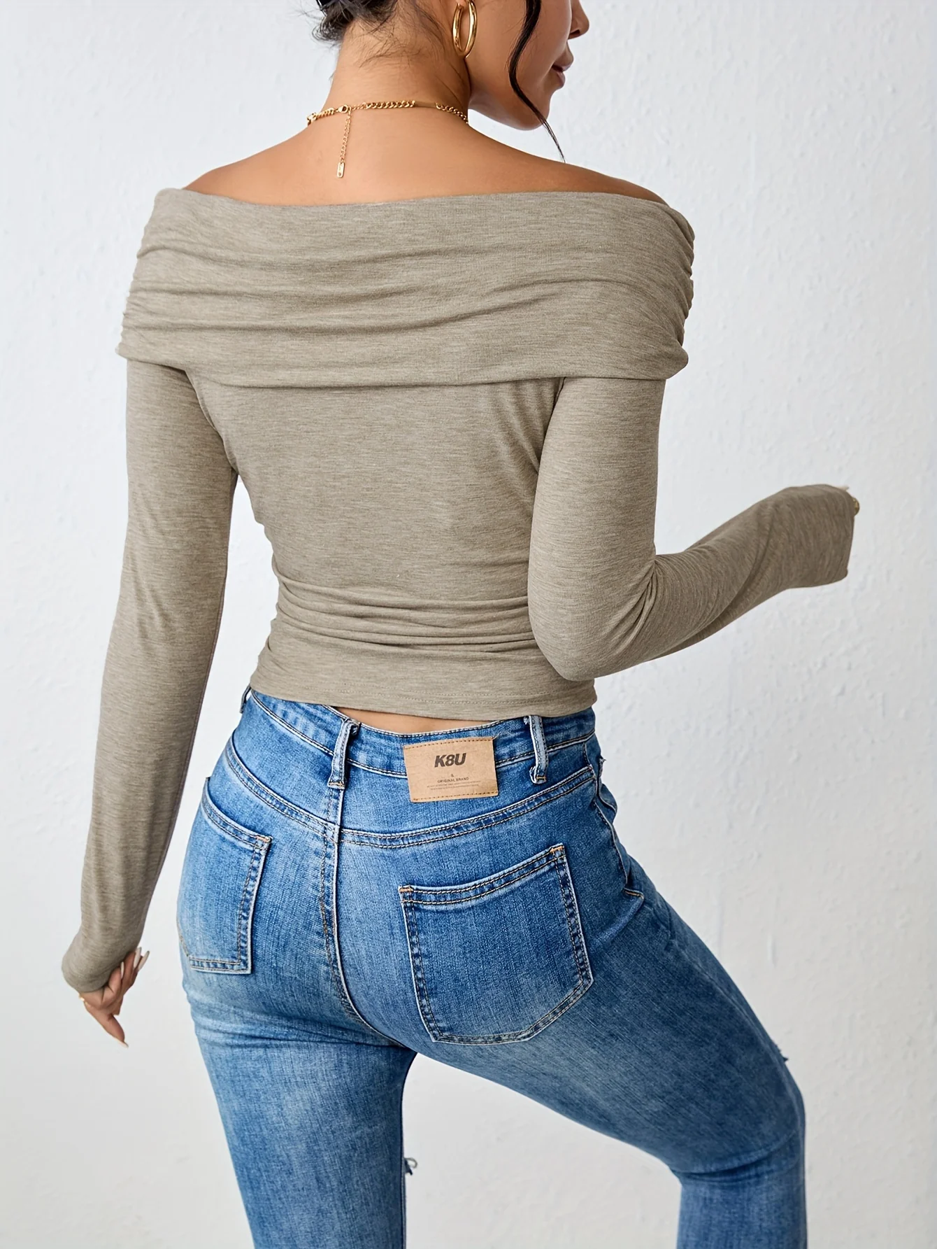 deanwangkt Off Shoulder Solid T-shirt, Elegant Slim Long Sleeve T-shirt, Women's Clothing - Deanwangkt