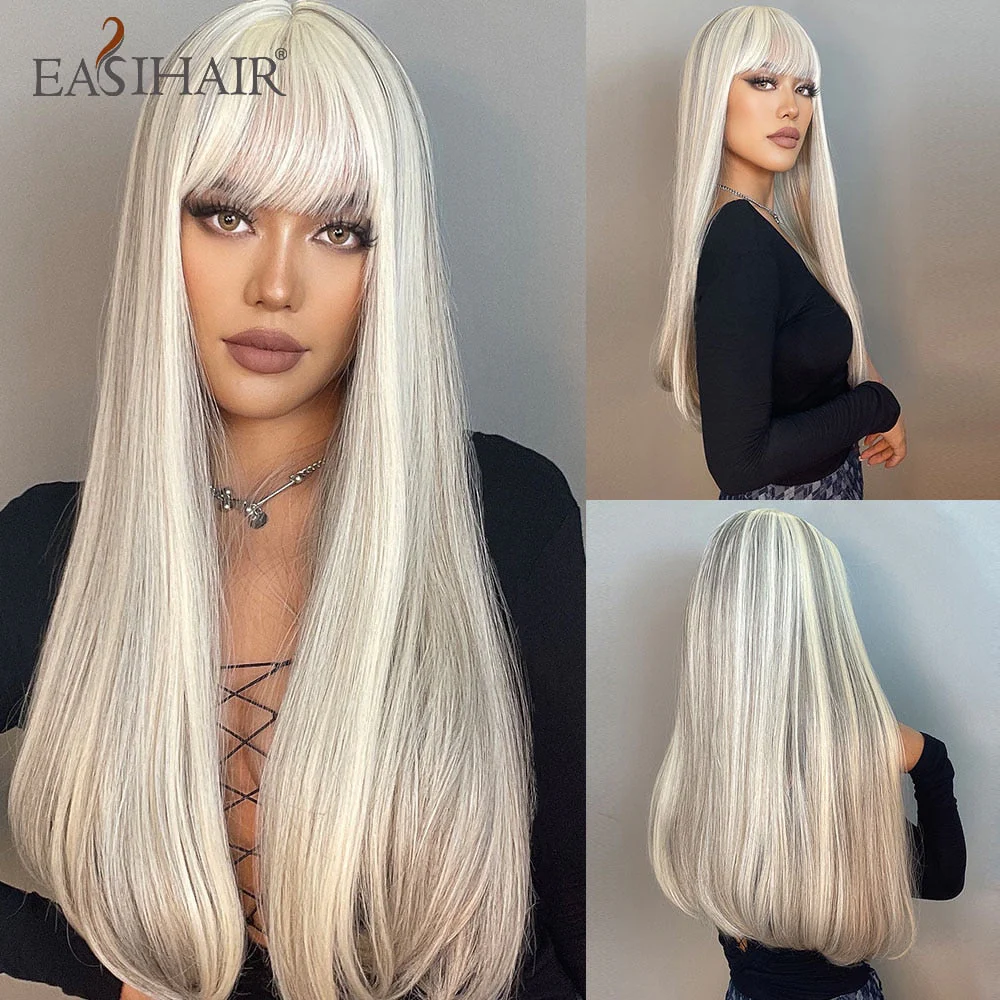 deanwangkt  Long Black Wigs Cosplay Body Wave Synthetic Wigs With Bangs For White/Black Women Brazilian American Natural Hair - Deanwangkt