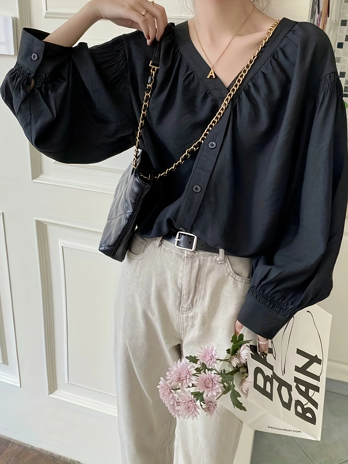 Solid V Neck Button Front Blouse, Casual Long Sleeve Blouse For Spring & Fall, Women's Clothing - Deanwangkt