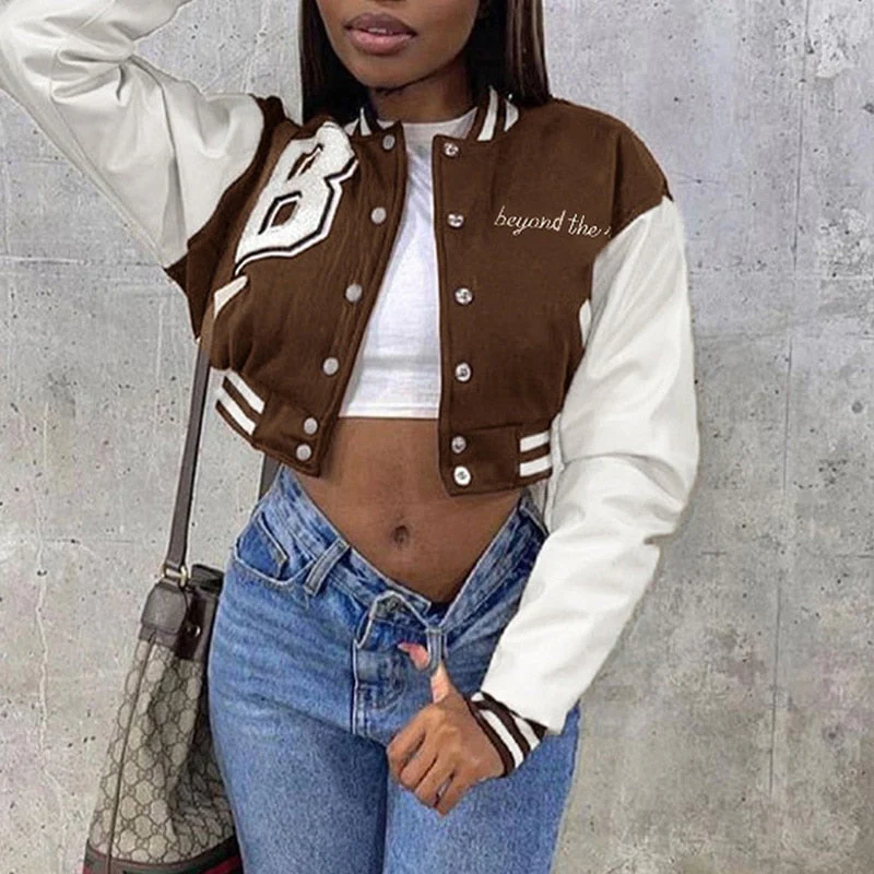 deanwangkt Patchwork Crop Jacket Varsity Women Autumn Winter Casual Oversized Y2k Fashion Baseball Coat - Deanwangkt
