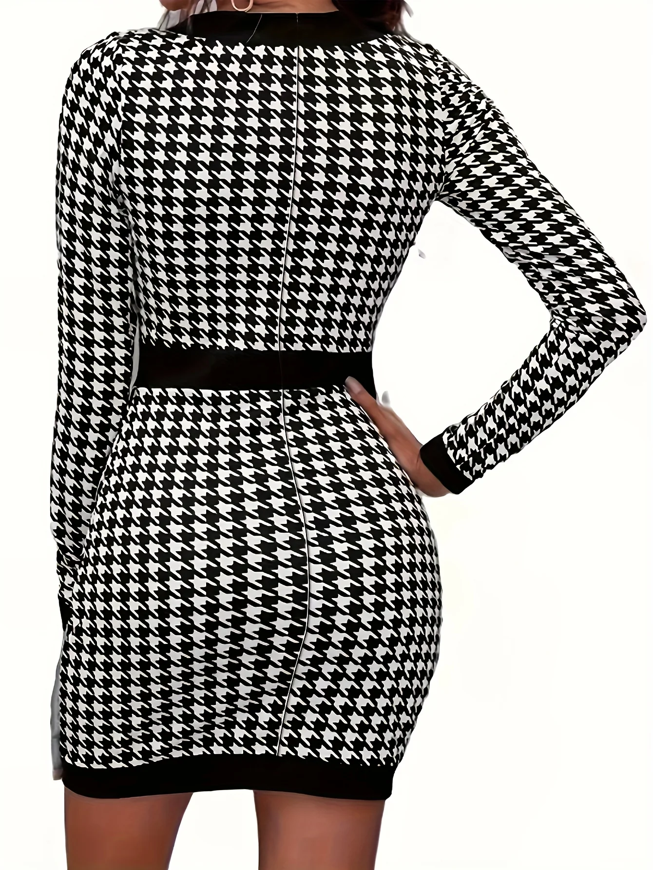 deanwangkt-1  Houndstooth Print Dress, Elegant Squared Neck Long Sleeve Slim Dress, Women's Clothing - Deanwangkt