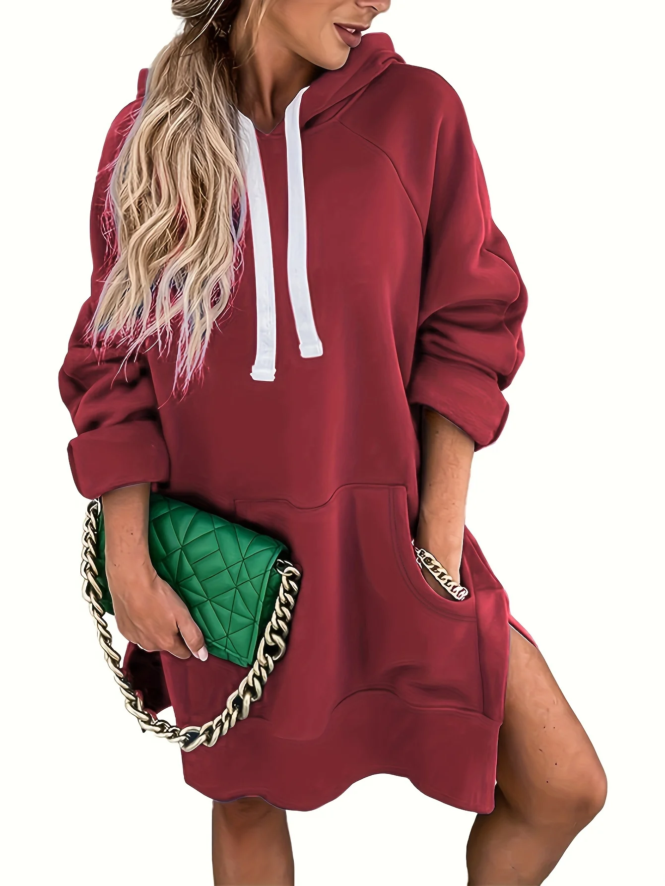 Solid Kangaroo Pocket Long Length Hoodie, Casual Long Sleeve Drawstring Hoodies Sweatshirt, Women's Clothing - Deanwangkt