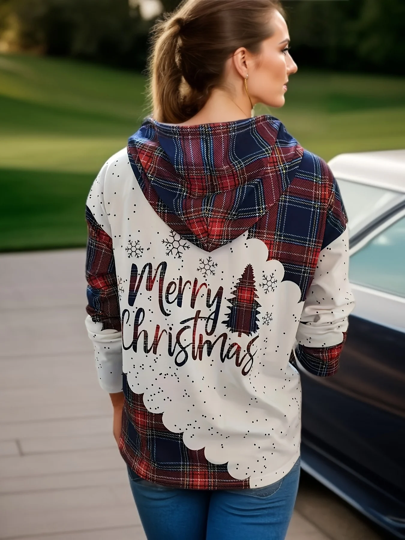 Christmas Tree & Letter Print Drawstring Hoodie, Casual Long Sleeve Kangaroo Pocket Hoodie Sweatshirt, Women's Clothing - Deanwangkt