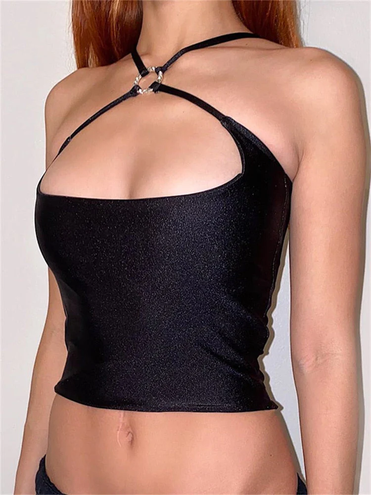 deanwangkt Black Solid Cut Out Crop Top Female Slim Sexy Rave Party Clubwear Cross Choker Y2K Summer Tops For Women Camisole Pink Tees - Deanwangkt