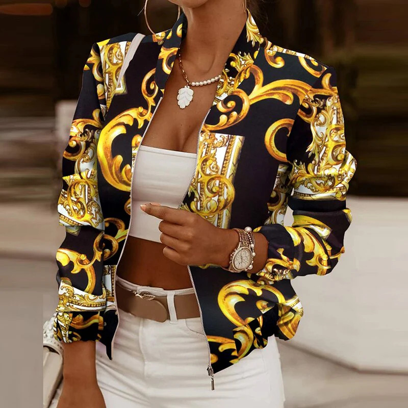 deanwangkt New Short Jacket Women Long Sleeve Coats Female Elegant Spring Autumn Zipper Outwear Office Ladies Print Casual Jackets - Deanwangkt