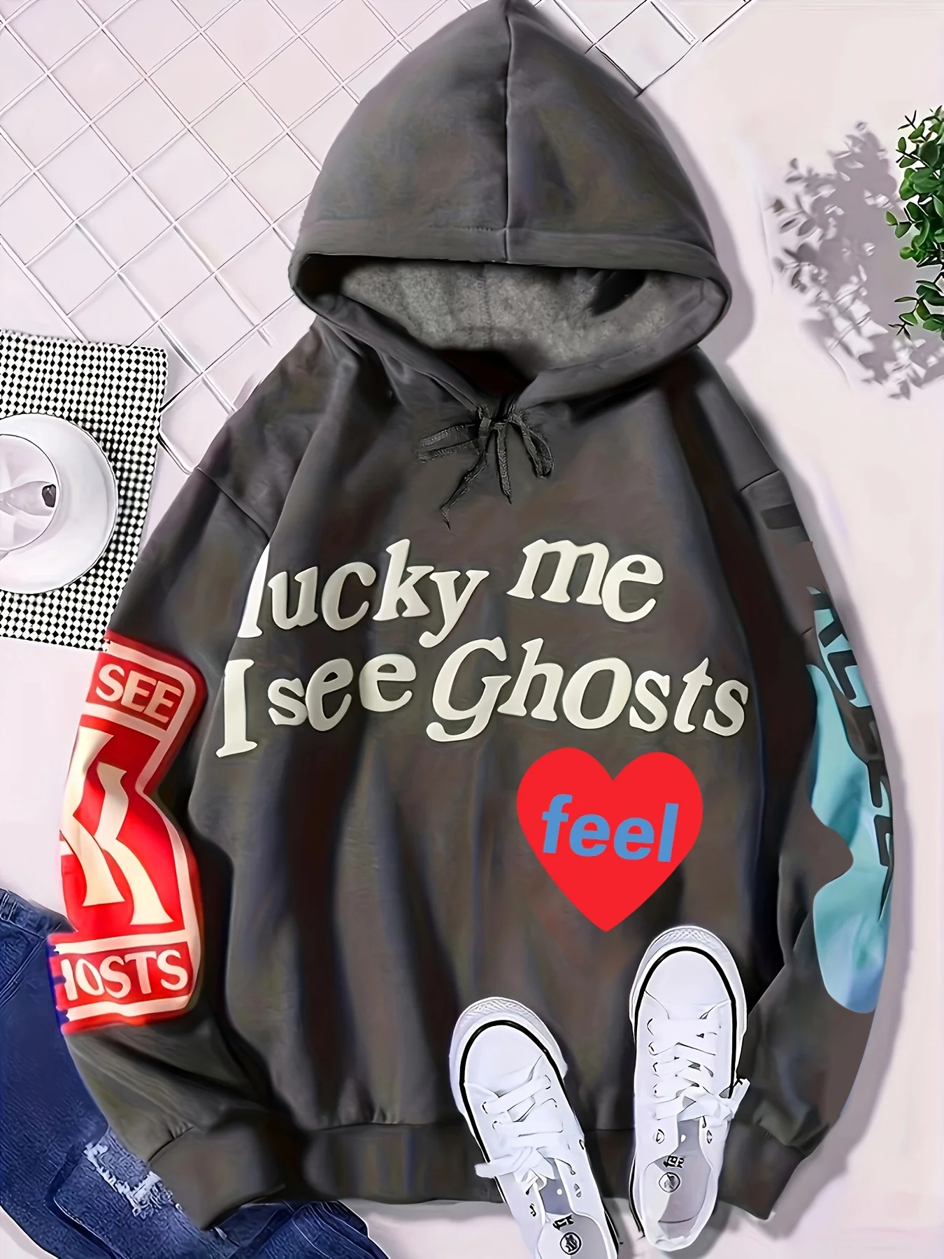 Lucky Me I See Ghosts Letter Graphic Casual Sports Sweatshirt For Halloween, Fashion Hip Hop  Pullover Hoodie, Women's Tops - Deanwangkt