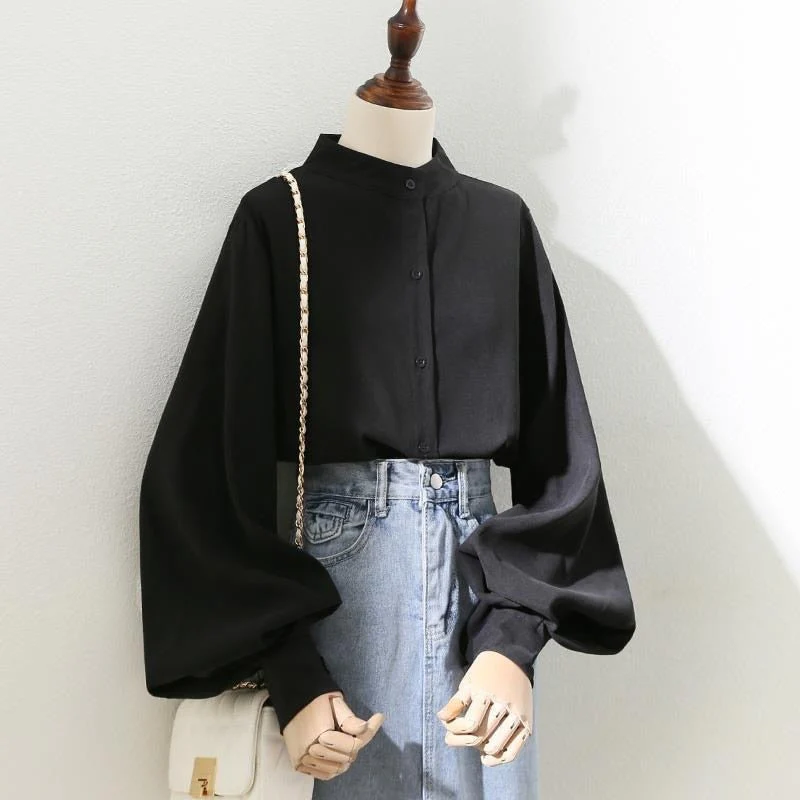 Woman Spring Autumn Style Blouses Shirt Lady Long Lantern Sleeve Stand Collar Loose Blusas Tops - Deanwangkt