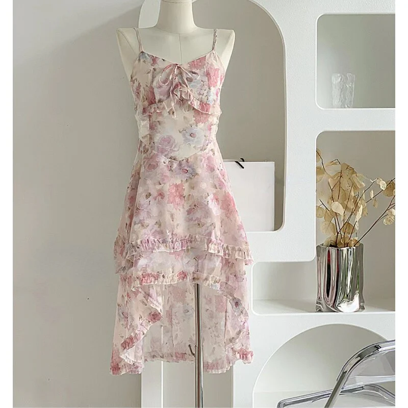 deanwangkt Piece Dress Set Women Boho Beach Sundress Office Lady Slim Elegant Floral Strap Dress Koran Fashion Suits + Blouse  Summer - Deanwangkt