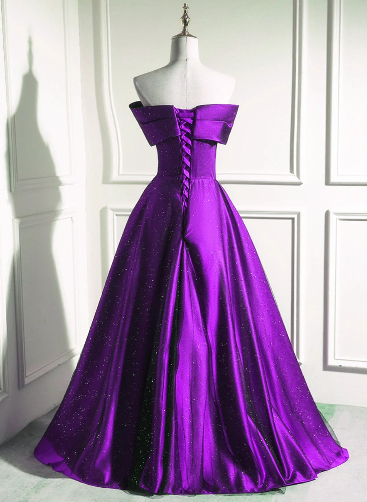 Solvbao A-line Off Shouolder Black and Purple Satin Party Dress, Long Prom Dress - Deanwangkt