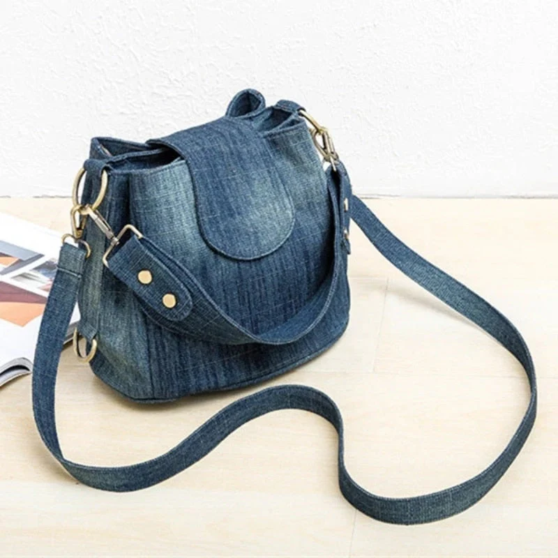 deanwangkt  Casual Denim Bucket bag for women Shoulder Crossbody Bag Multiple pockets  ladies handbag Luxury design Female big Totes blue - Deanwangkt