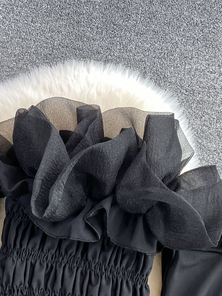 deanwangkt Summer Sexy Black Mesh Party Blouse Women Black Slash Neck Ruffle Long Sleeve Short Shirt Female Club Strapless Tops  New - Deanwangkt