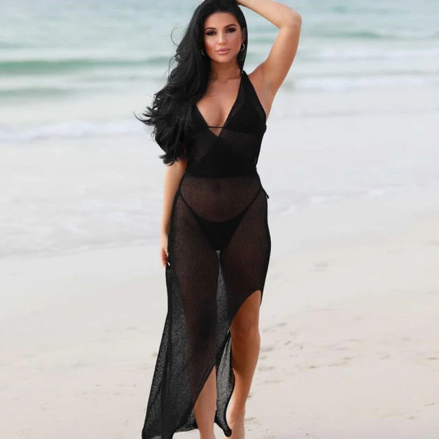 deanwangkt White Sexy Backless Knitted Beach Dress Women Bikini Cover Up Holiday Bodycon Mini Casual Dresses  Summer Vacation Outfits - Deanwangkt