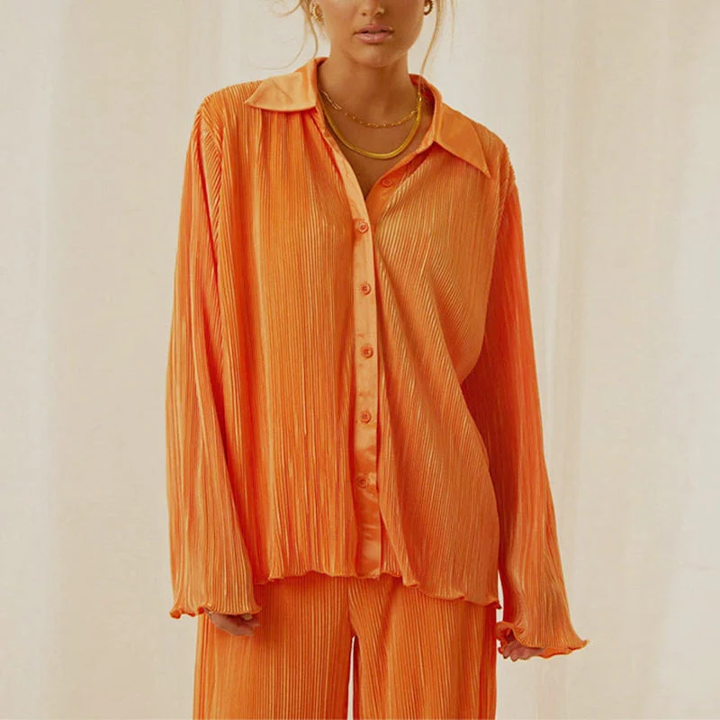 deanwangkt Back To School Causal Pleated Suit Women Elegant Long Sleeve Blouses Matching Wide Pants Suits Loose Shirts Two Piece Pant Set - Deanwangkt