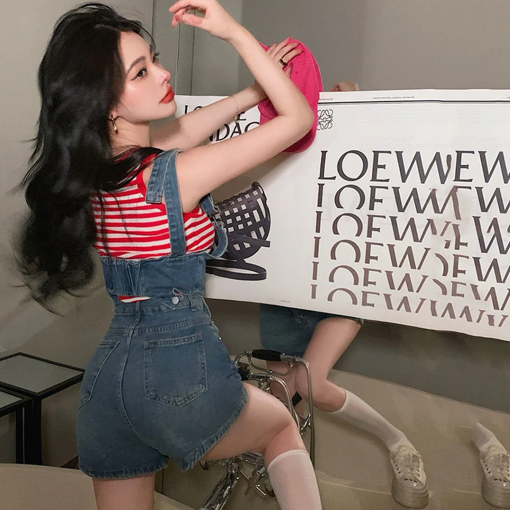 deanwangkt Overalls Jeans XL Denim Pants Pocket Button Casual Sling Shorts Jumpsuit Skinny Trousers Strap Buttons Bib Suspenders For Women - Deanwangkt