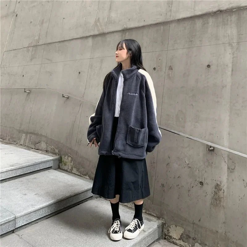 deanwangkt Oversize Women Hoodie Korean Fashion Autumn Winter Warm Harajuku Lamb Wool Zipper Hoodies Casual Thick Sweatshirt Loose - Deanwangkt