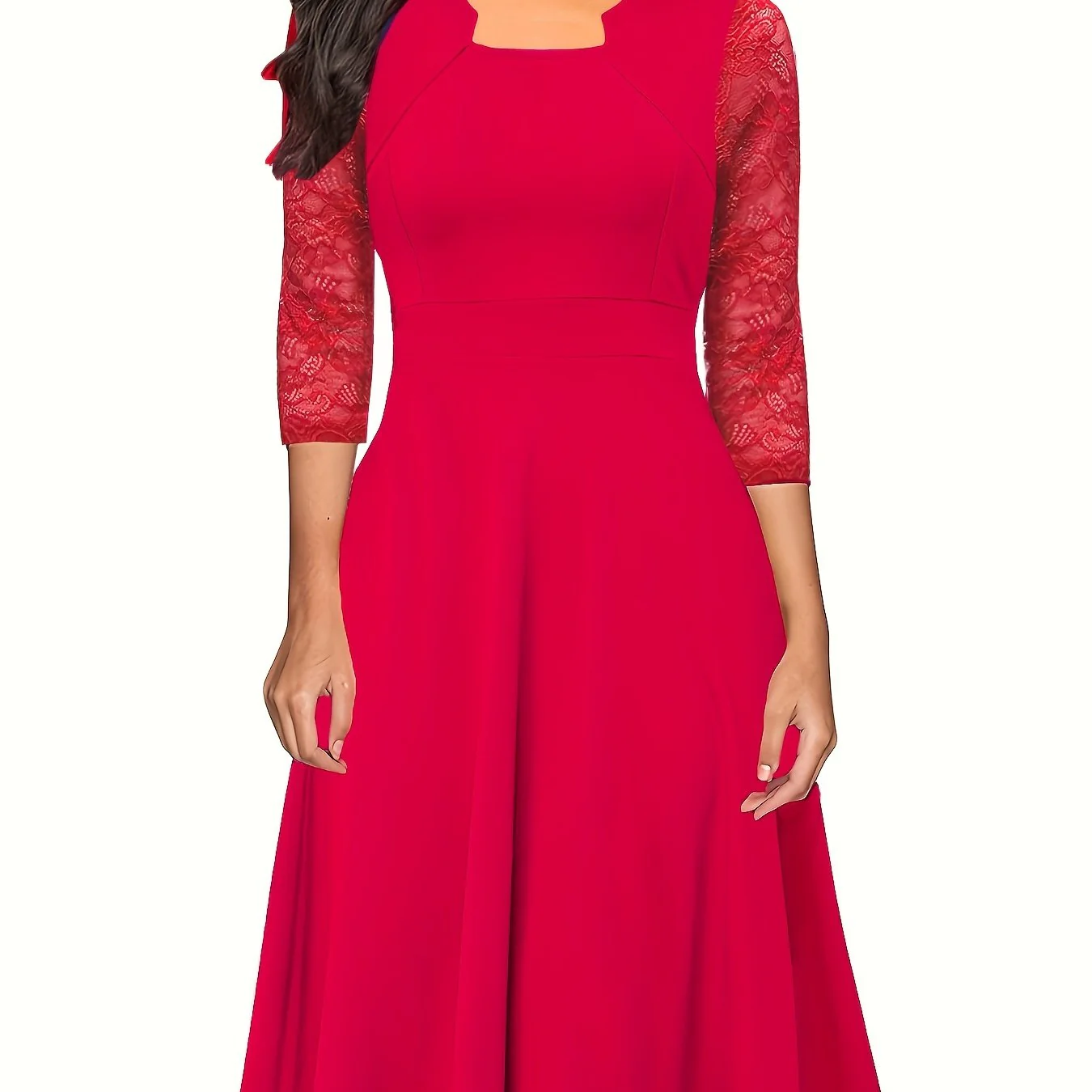 Square Neck Lace Sleeve Dress, Elegant Dress For Cocktail Party, Women's Clothing - Deanwangkt