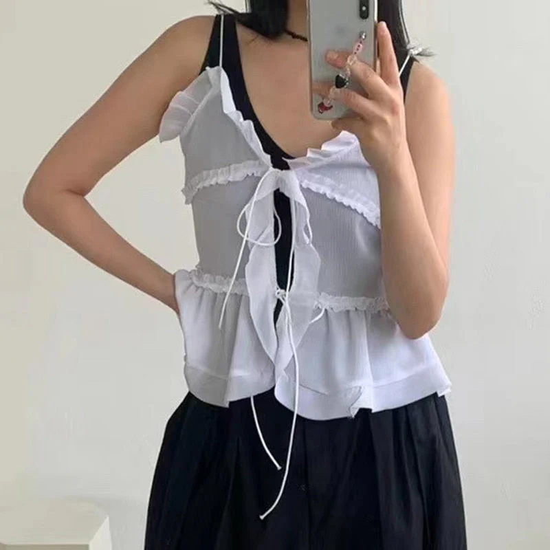 deanwangkt Sexy Black Mesh See-Through Crop Tops V-Neck Front Tie Up Ruffles Camis Summer Holiday Backless Vest Tops Y2K - Deanwangkt