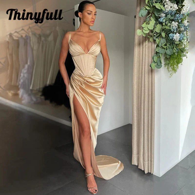 Graduation dress Sexy Prom Dresses  V-neck Satin High Split Evening Dress Saudi Arabia Mermaid Sleeveless Long Cocktail Party Gown - Deanwangkt