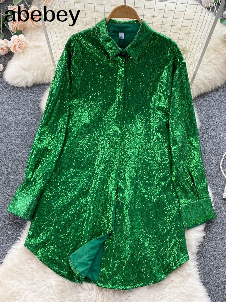 deanwangkt Blouse Shirts Long Sleeve Top Button Up Shirt Y2K Vintage Women Clothing Club Party Glitter Top Female Collared Shirt - Deanwangkt