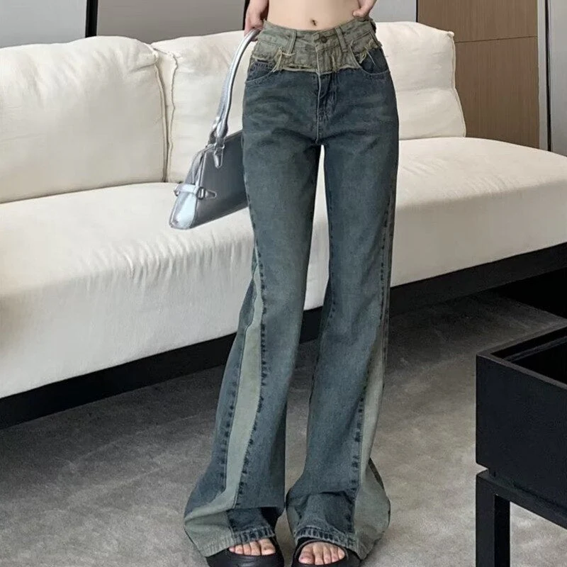 deanwangkt Summer New Splice Slim Raglan Jeans Women Spice Girls High Waist Design Sense Small Public Show Thin Flare Pants - Deanwangkt