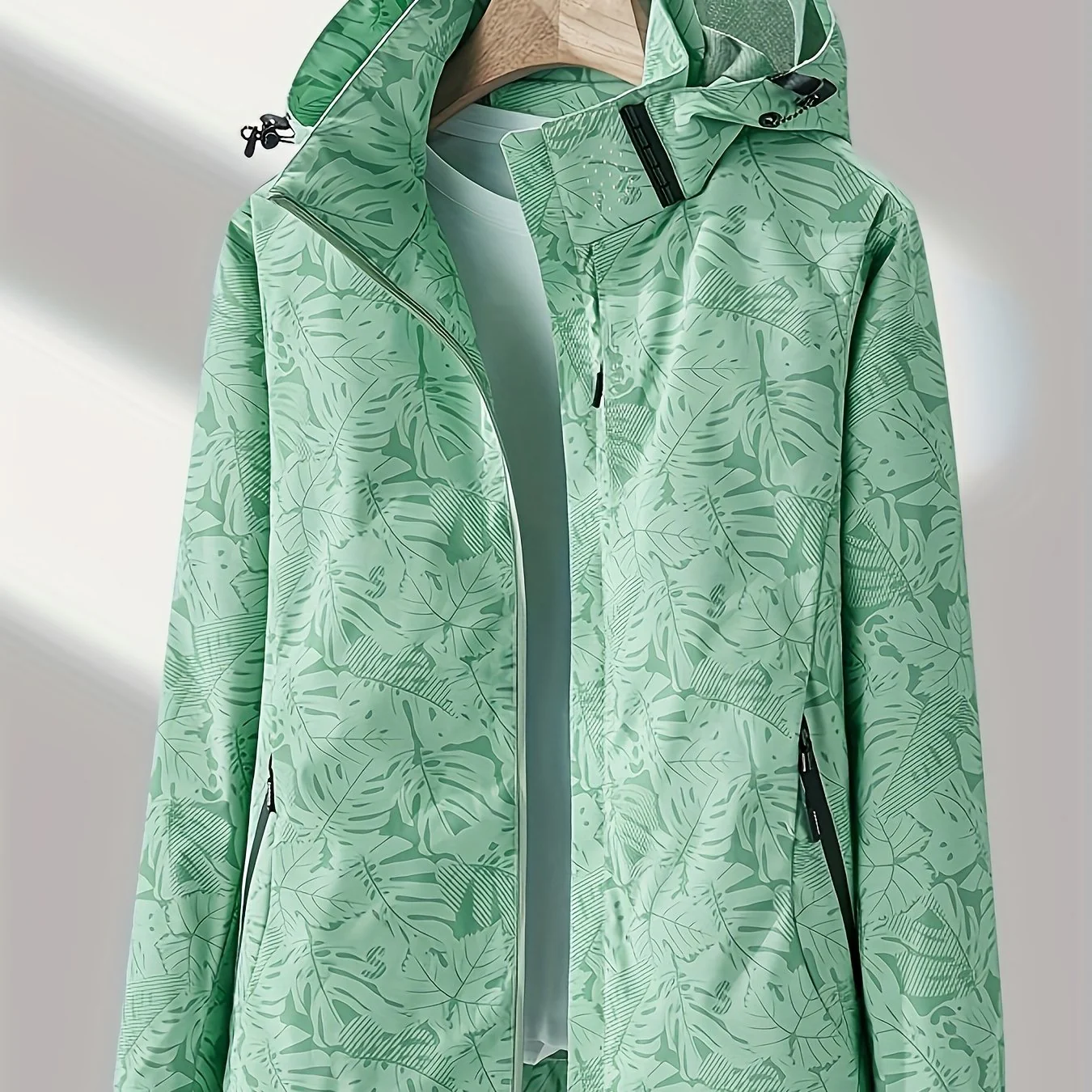 Leaf Print Outdoor Jacket With Removable Hood, Women's Windproof & Rainproof Jacket, Women's Outdoor Clothing - Deanwangkt