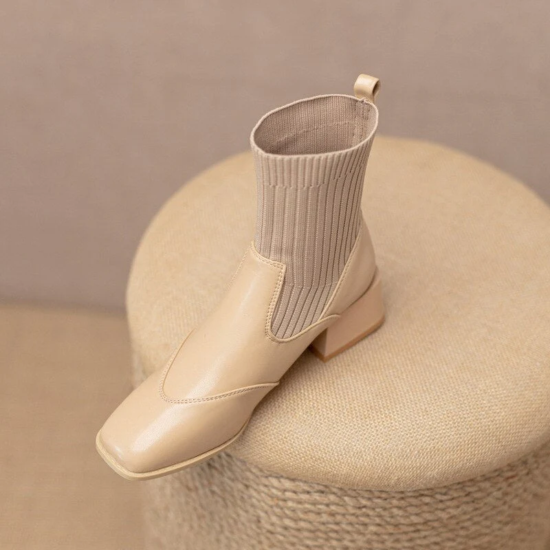 deanwangkt Autumn Winter New Ankle Socks Shoes Women Fashion Large Size  Knitted Short Boots Women Slip On High Heels - Deanwangkt