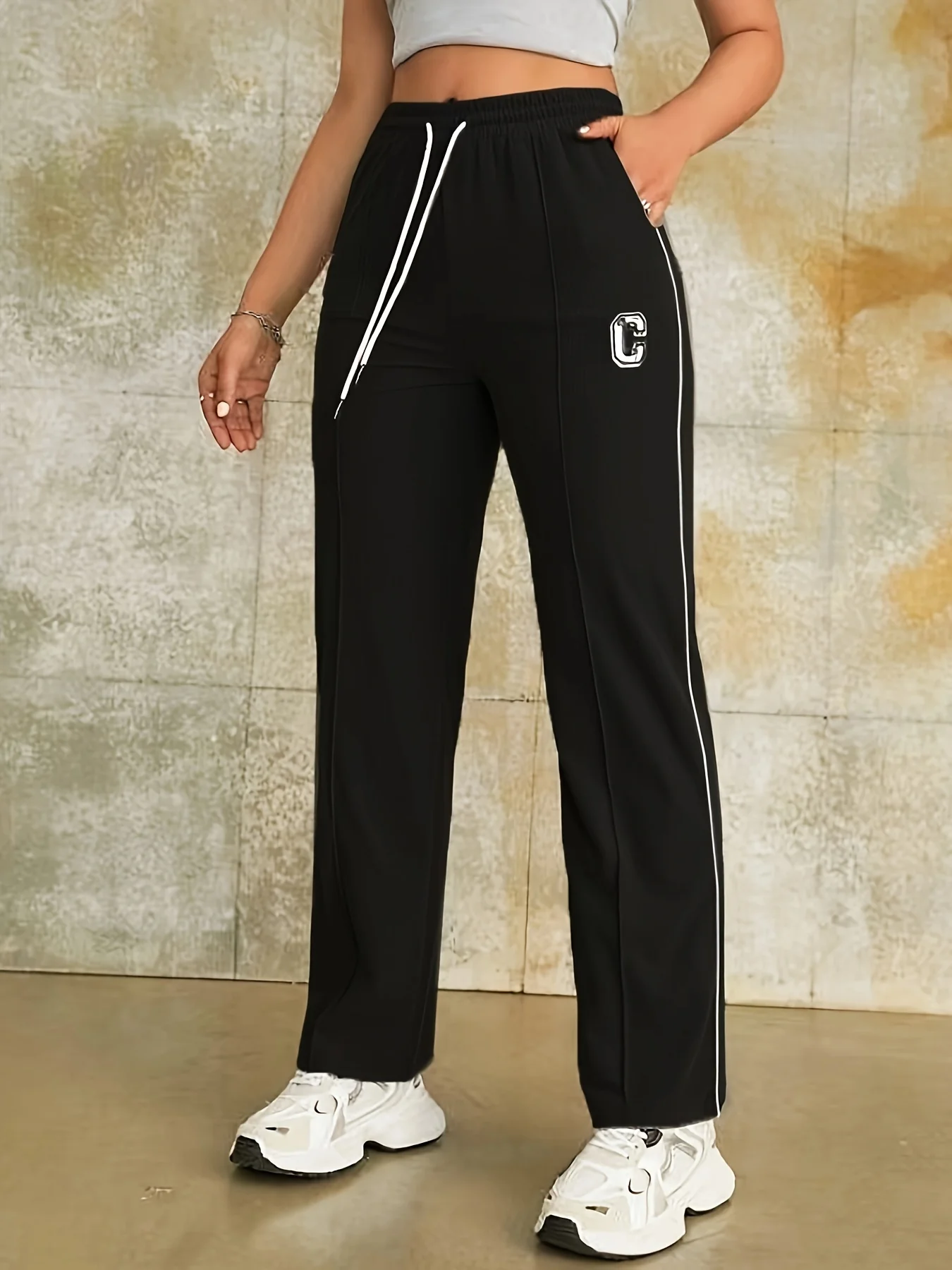 deanwangkt  Letter C Print Slim Pants, Casual Drawstring Waist Pocket Pants For Spring & Fall, Women's Clothing - Deanwangkt