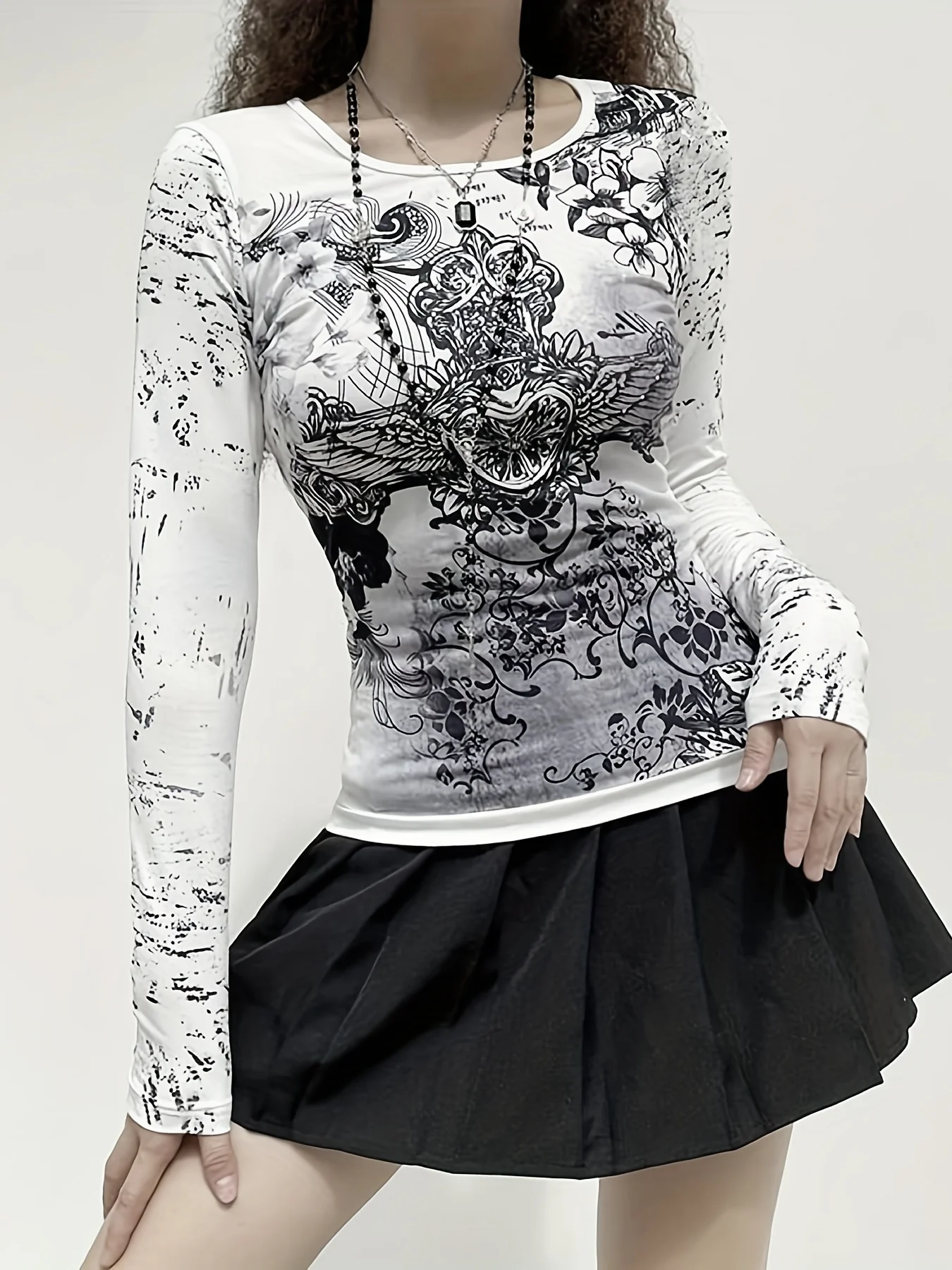 deanwangkt  Graphic Print Crew Neck T-Shirt, Gothic Long Sleeve Top For Spring & Fall, Women's Clothing - Deanwangkt