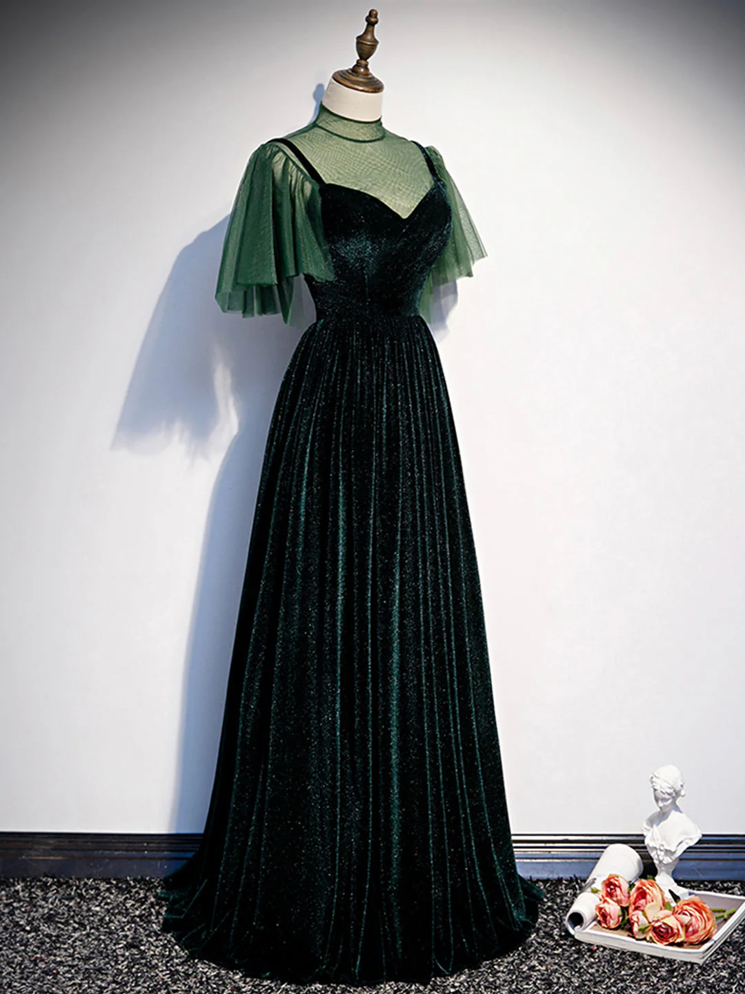 solvbao Green Velvet Long Prom Dress, Elegant A-Line Green Evening Dress - Deanwangkt