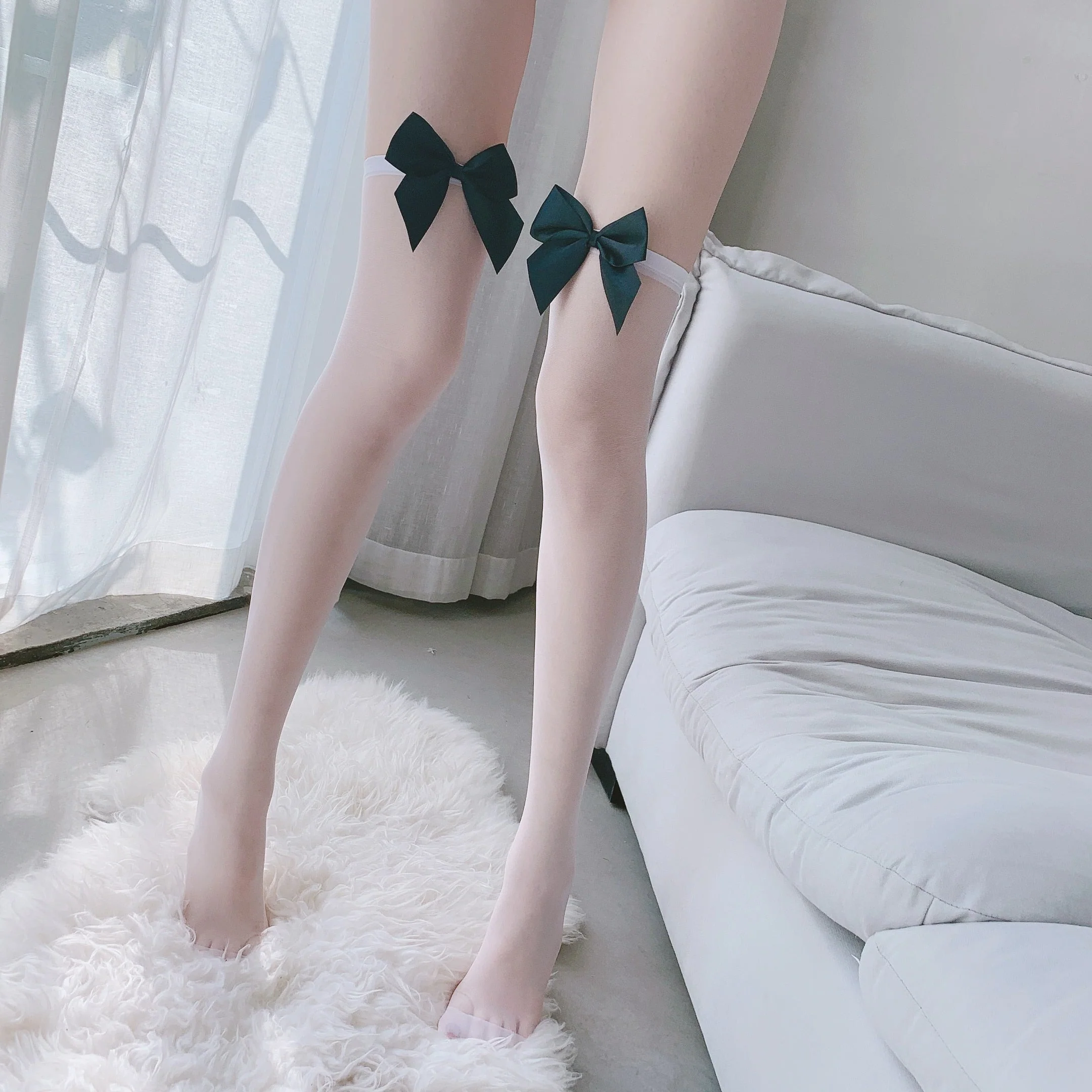 deanwangkt Fashion Pink Legs Socks for Women Cosplay Cute Bow Sexy White Black Mesh Fishnet Transparent Thigh High Stockings Long Knee Sock - Deanwangkt