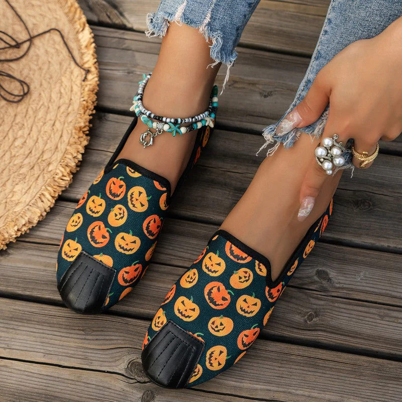deanwangkt - Halloween Cream White Casual Patchwork Printing Round Comfortable Flats Shoes - Deanwangkt