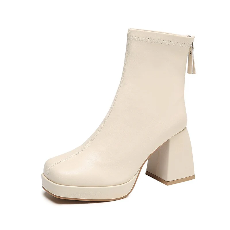 deanwangkt New Autumn Winter Leather Short Boots Women Square High Heel Women Shoes Zipper All Match Ankle Boot Female Platform Shoes - Deanwangkt