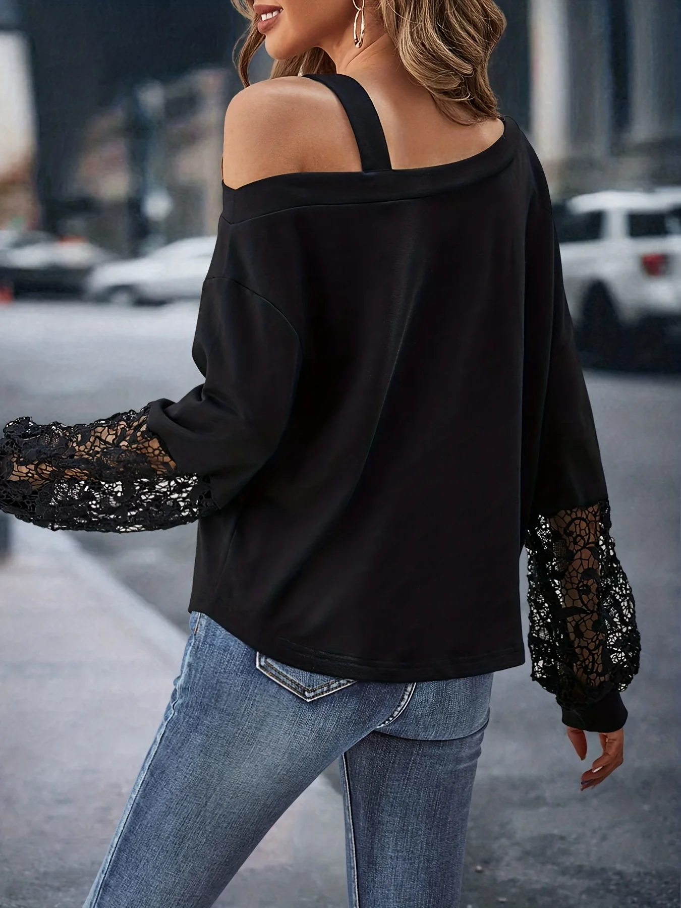deanwangkt-1 Cutout Lace Stitching Cold Shoulder T-Shirt, Casual Long Sleeve Top For Spring & Fall, Women's Clothing - Deanwangkt