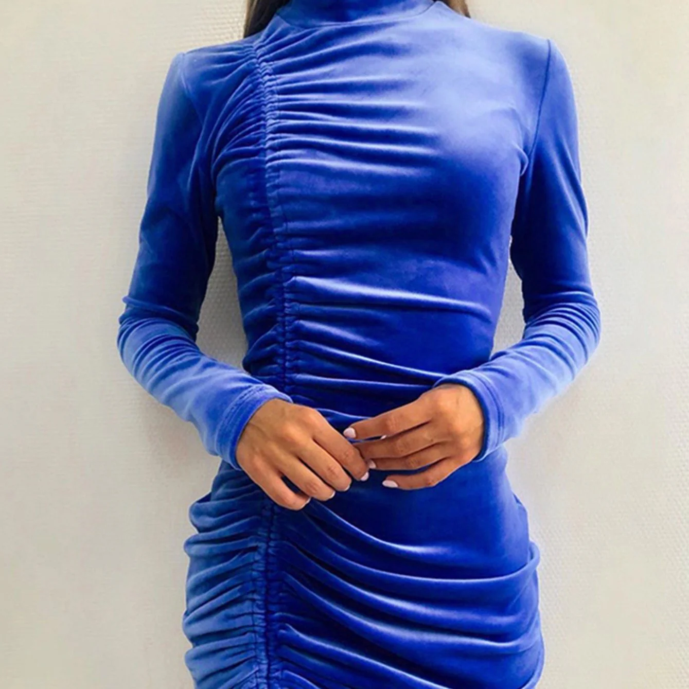 deanwangkt-1 Women's Suede Drawstring Long Sleeve Maxi Dress,Evening Dress For Women, Autumn Winter Fashion Casual Round Neck Solid Color Suede Lace High Neck Long Sleeve Bodycon Hip Dress - Deanwangkt