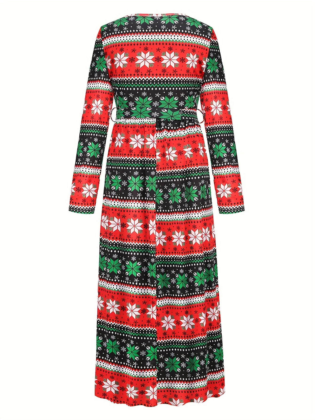 Christmas Snowflake Print Dress, Elegant V Neck Long Sleeve Party Dress, Women's Clothing - Deanwangkt