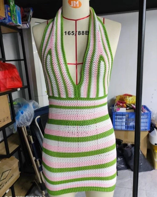 Female Beach Knitted Bodycon Dress Chic Women Elegant Lady Backless Sleeveless Bandage Halter Sundress Summer Vacation Clothing - Deanwangkt