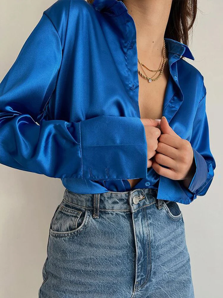 deanwangkt Long Sleeve Blouses Women Tops  Vintage Blue Green Silk Shirt Casual Loose Button Up Female Shirts Fashion Tops 18913 - Deanwangkt