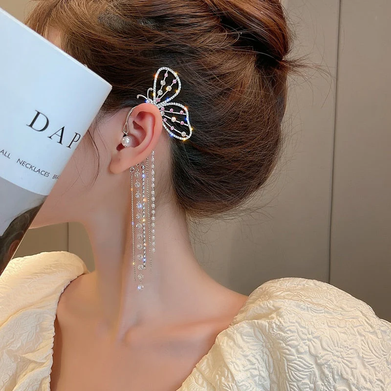 DEANWANGKT 20 Style Luxury Shiny Crystal Rhinestone Long Tassel Ear Cuff No Pierced Ear Clip Earrings For Women Wedding Korean Trend Jewelry - Deanwangkt