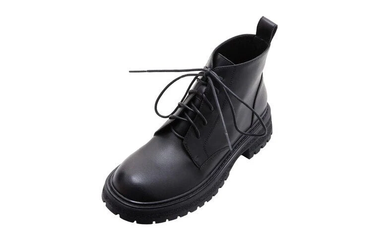 deanwangkt Autumn Boots    NEW Autumn Shoes Women Round Toe Chunky Shoes Split Leather Ankle Boots Lace-up Short Boots for Women Solid Black Winter Boots - Deanwangkt