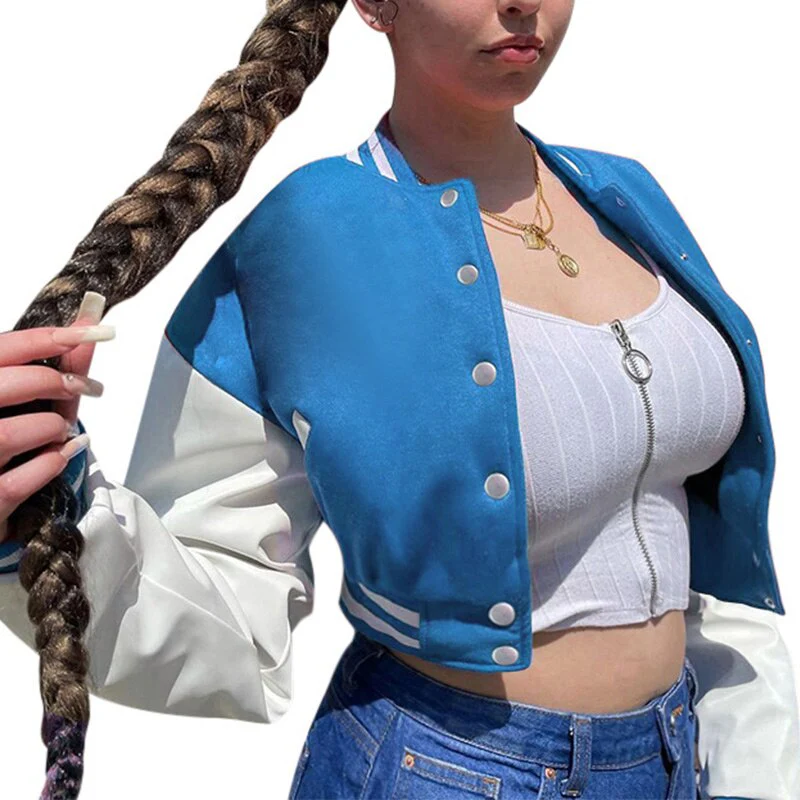 deanwangkt Patchwork Crop Jacket Varsity Women Autumn Winter Casual Oversized Y2k Fashion Baseball Coat - Deanwangkt